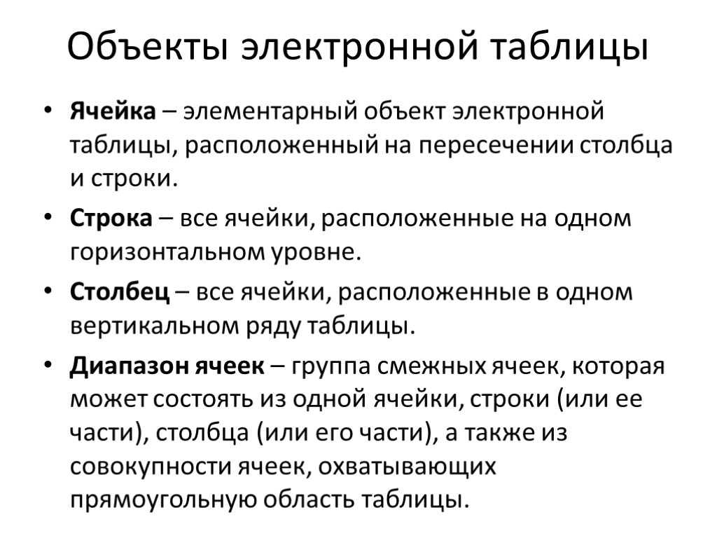 Объекты электронной таблицы Ячейка – элементарный объект электронной таблицы, расположенный на пересечении столбца и